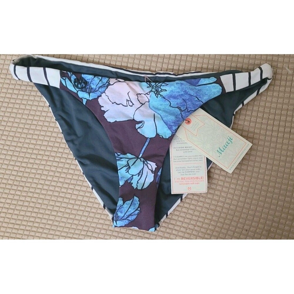 NWT Maaji Bikini Bottom M Womens Reversible FLoral Swim W Stripe